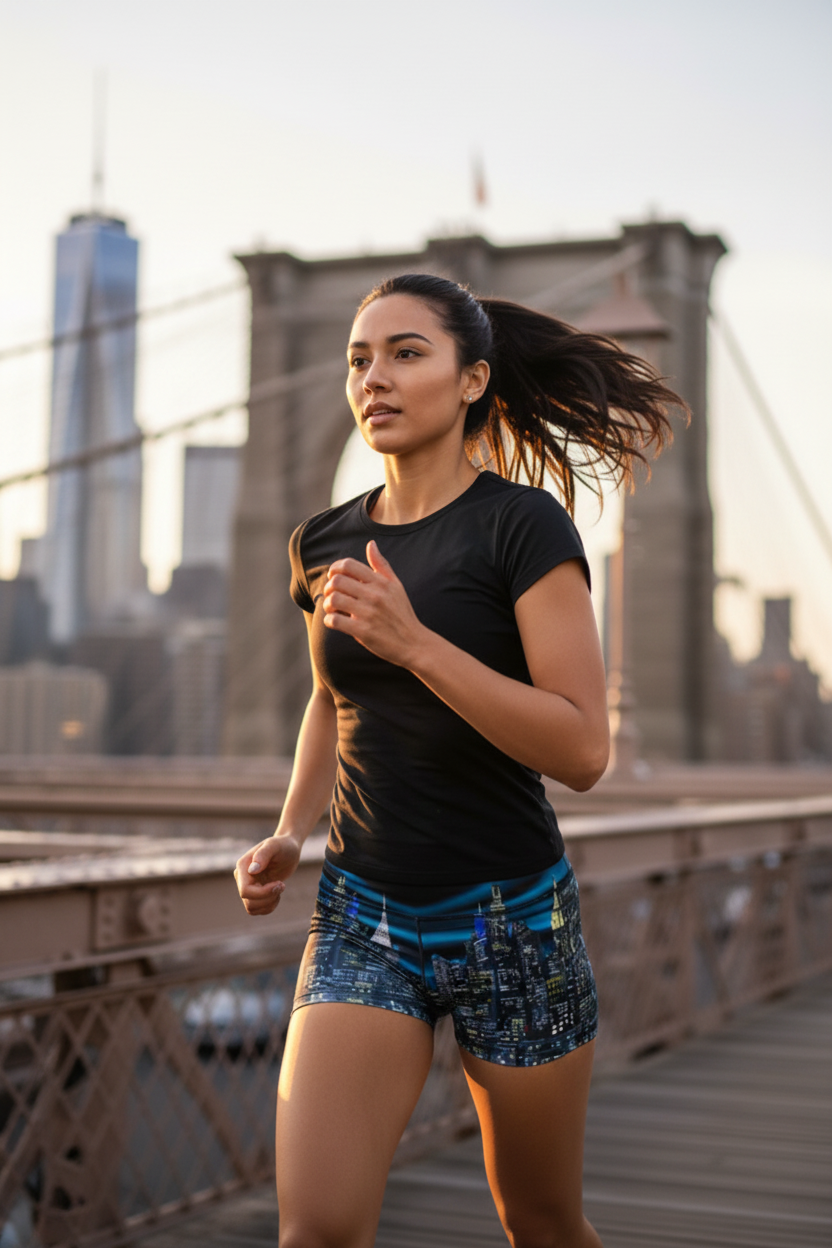 Woman running on a bridge wearing Loria NYC Art city skyline shorts  