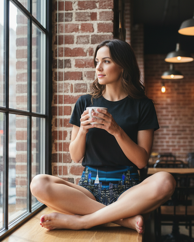 Woman wearing cityscape Loria NYC Art shirts sitting by a window in a cafe holding a cup.