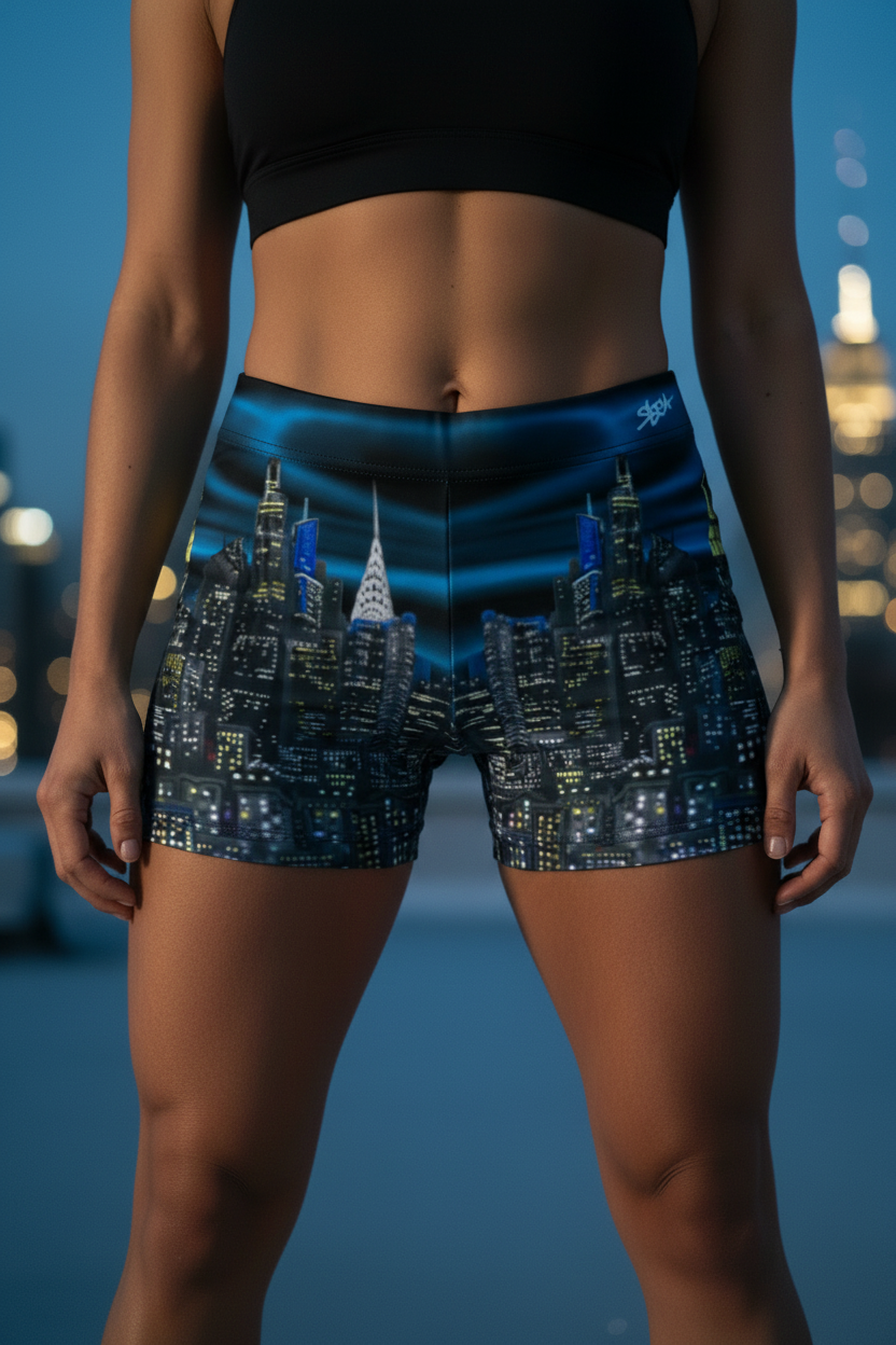 Person wearing shorts with a Loria NYC Art cityscape design against a blurred night-time city backdrop