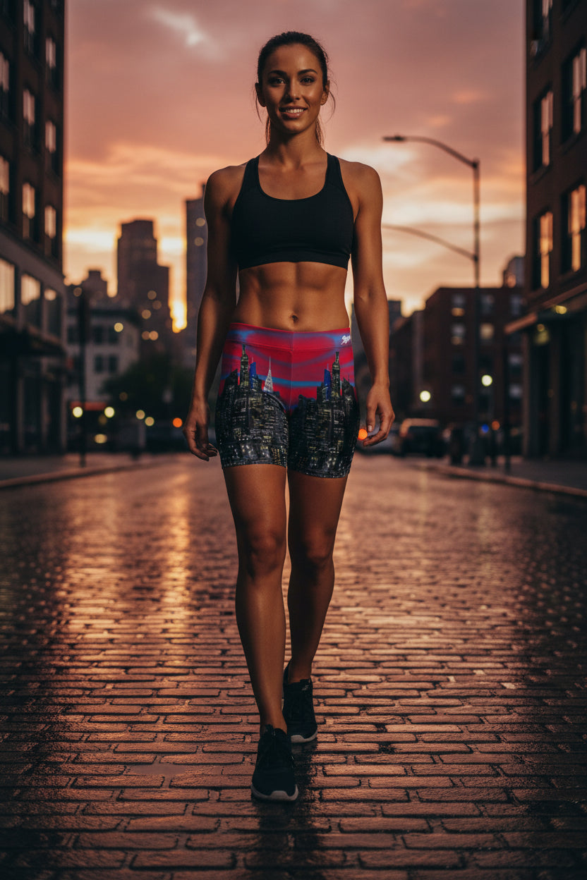 Person wearing black shorts with a colorful cityscape Loria NYC Art design on a urban background
