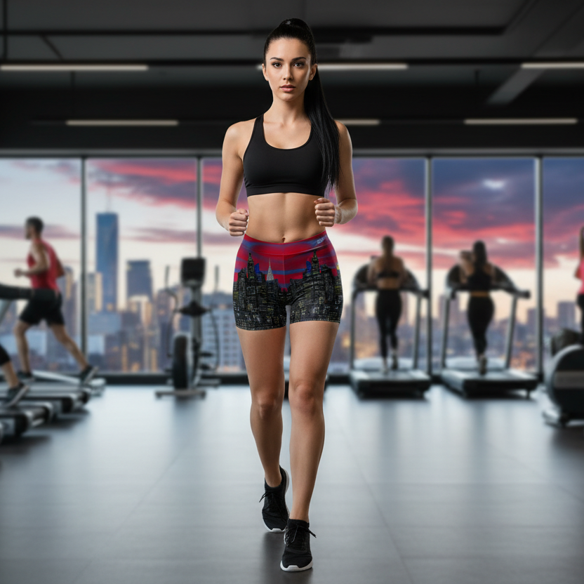 Woman walking in a gym with cityscape view and shirts designed by Loria NYC Art