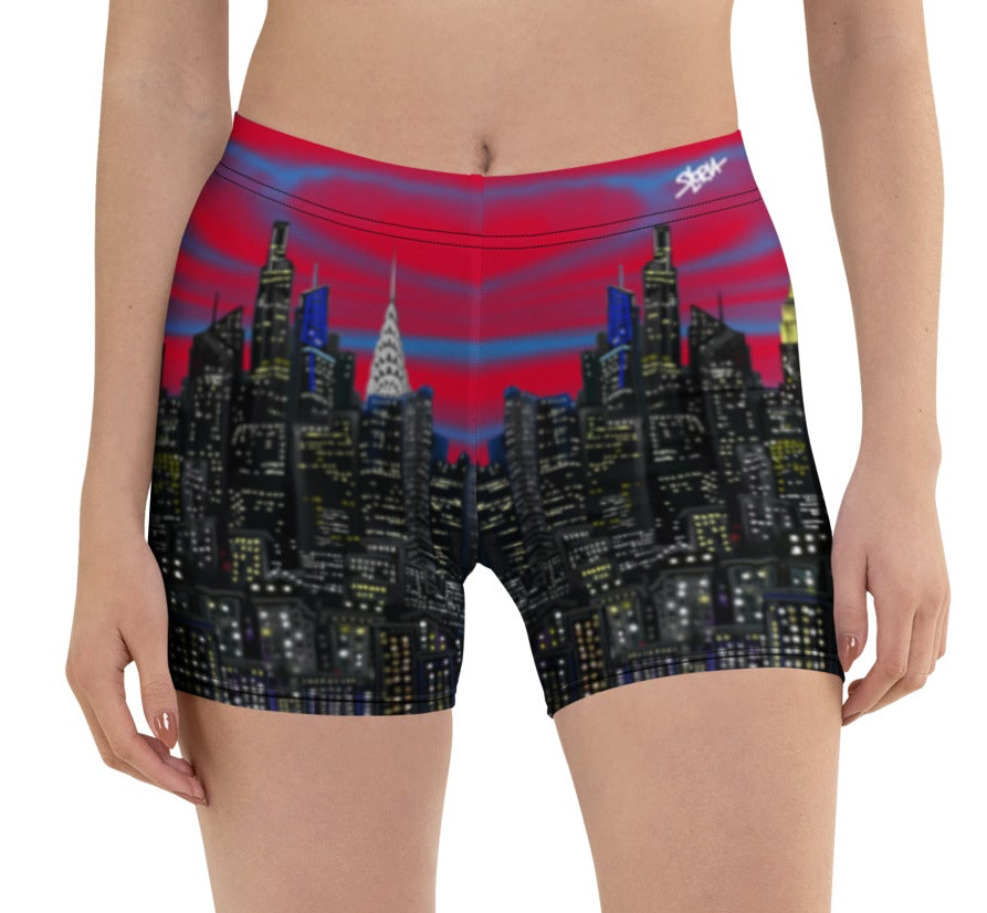 Shorts with a cityscape Loria NYC Art design on a white background