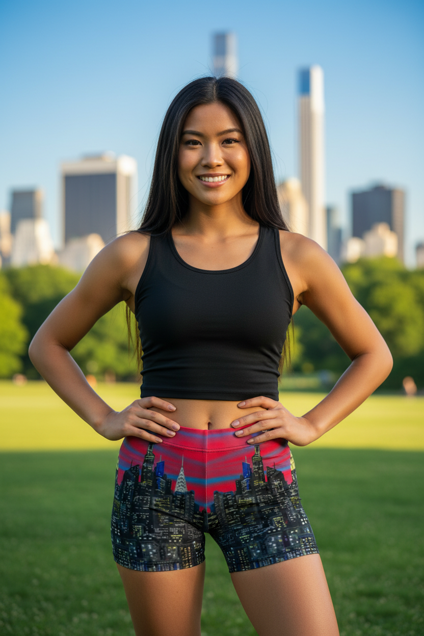 Woman in Loria NYC Art athletic wear standing outdoors with city skyline in the background