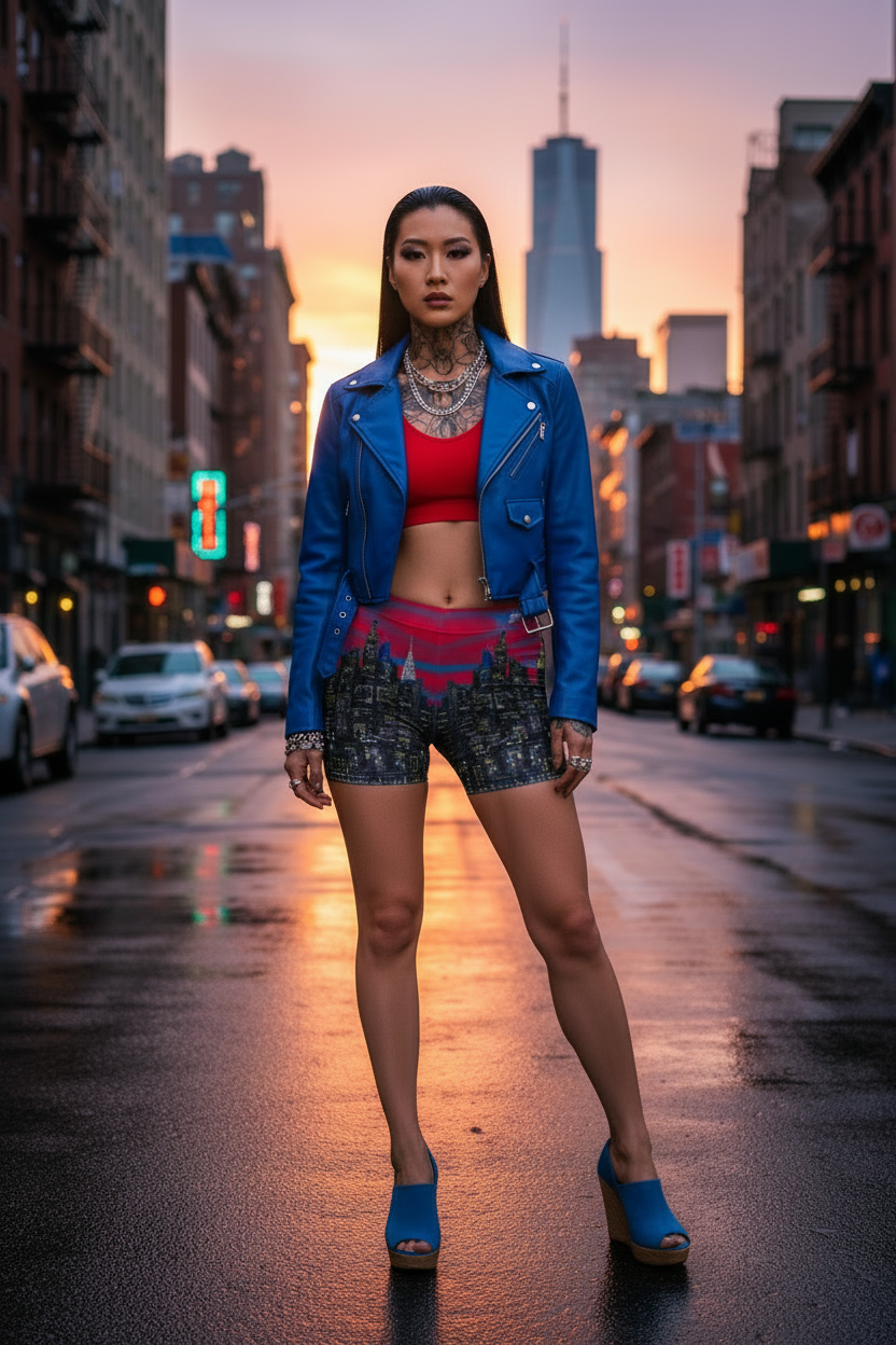 Woman in a blue jacket and Loria NYC Art shorts standing on a city street at sunset.