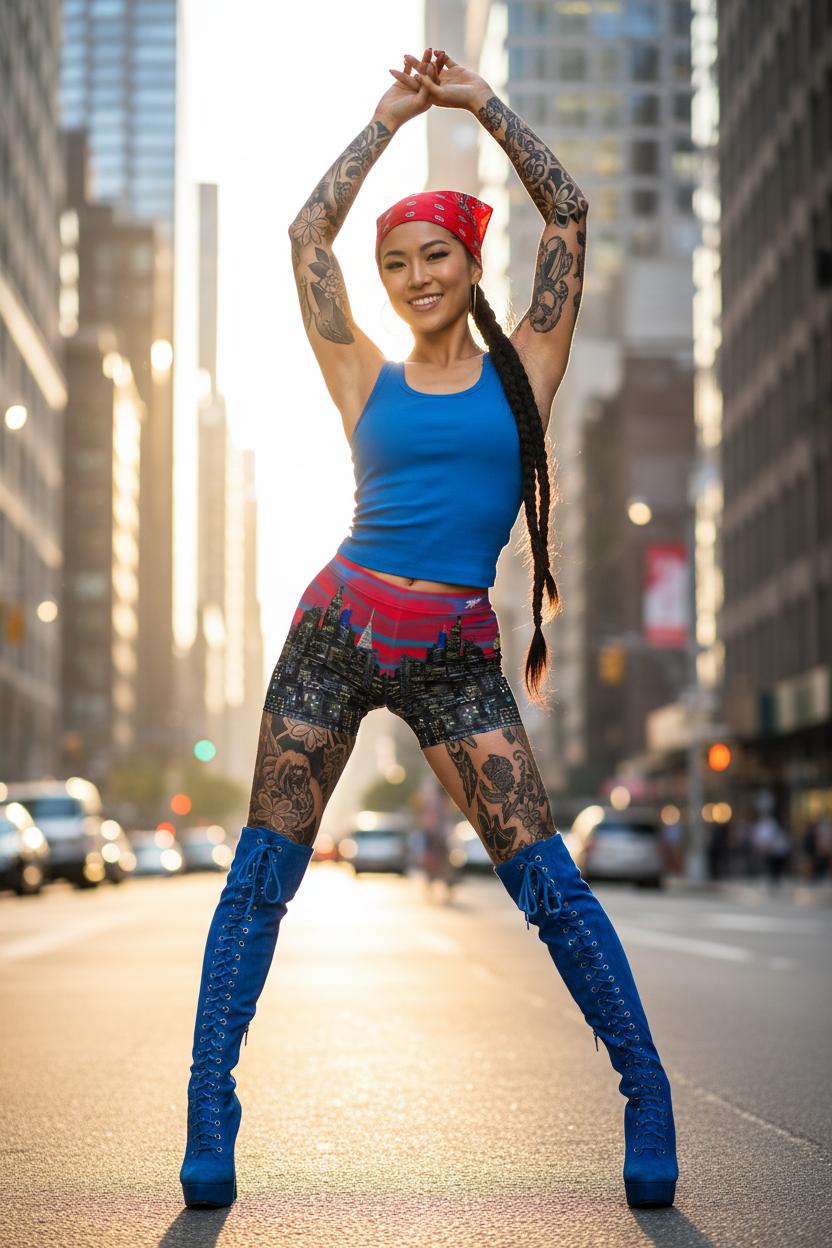 Woman in blue top and Loria NYC Art shorts with blue boots posing on a city street.