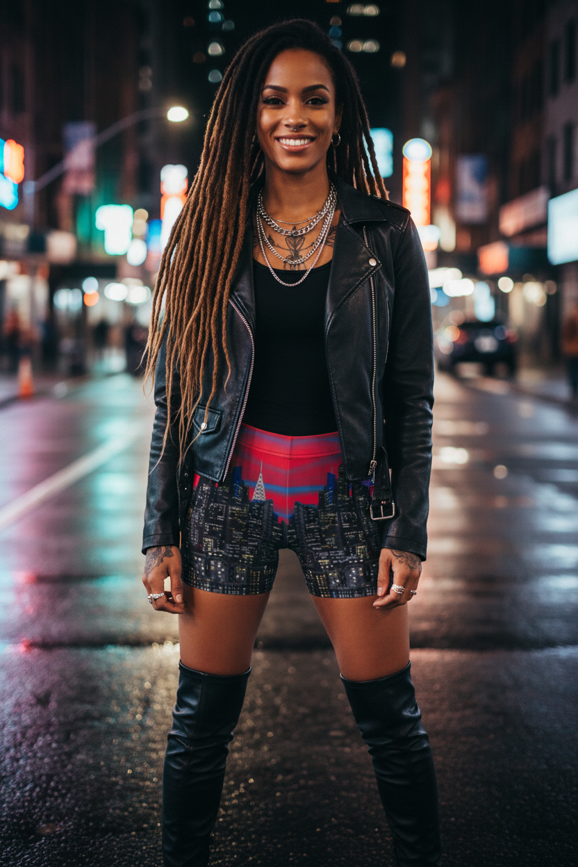 Woman wearing Loria NYC Art shorts standing on a city street at night with neon lights in the background
