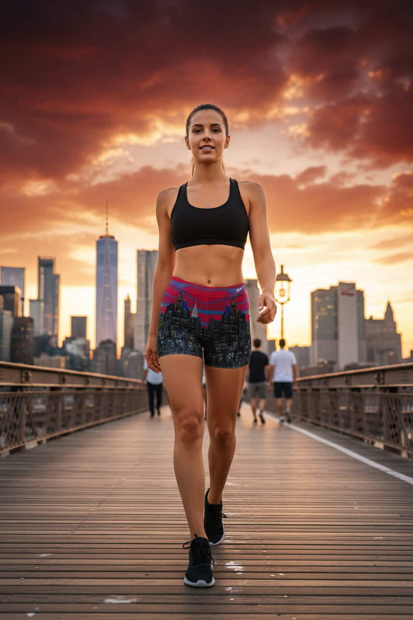 Woman in athletic Loria NYC Art wear walking on a boardwalk with a city skyline and sunset in the background