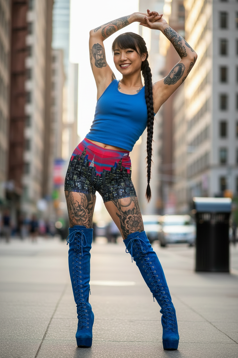 Woman in red Loria NYC Art shorts, blue top and high boots posing in an urban setting