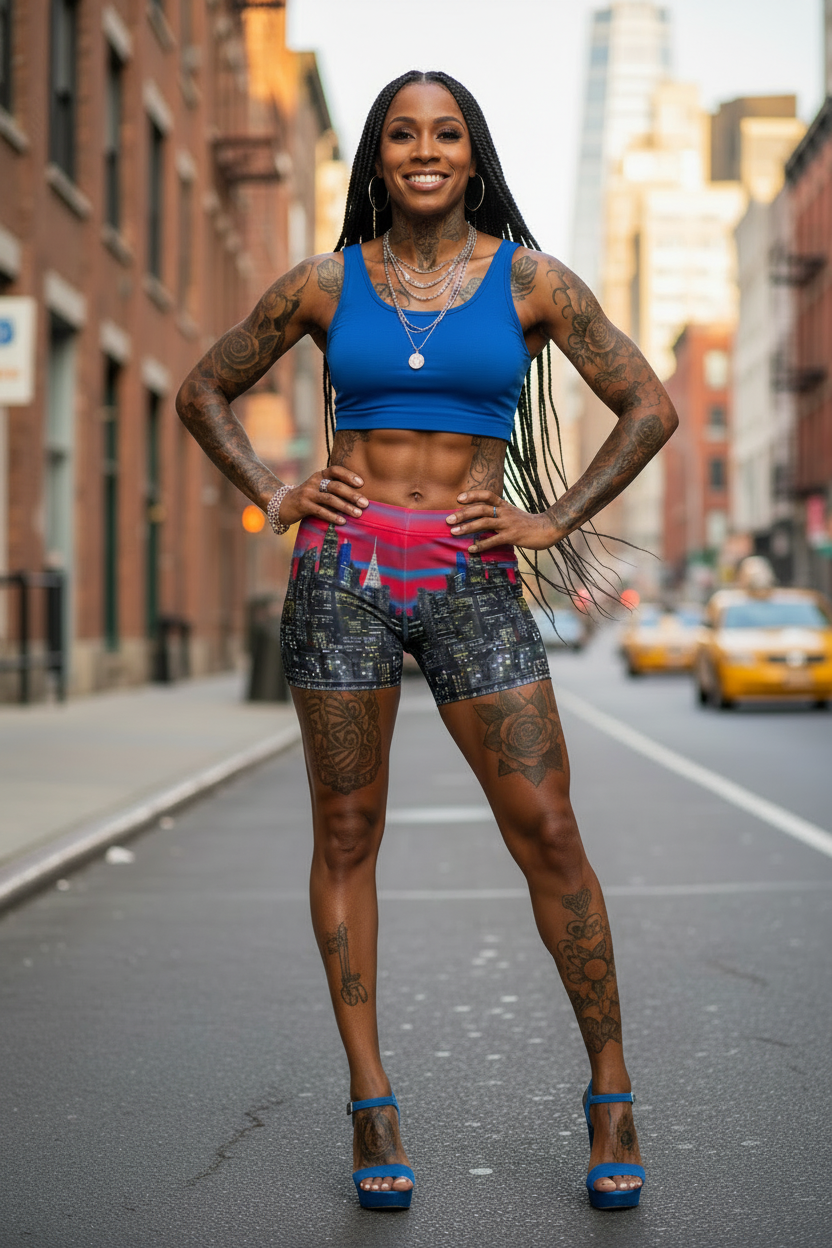Woman in athletic Loria NYC Art wear standing on a city street with buildings and taxis in the background