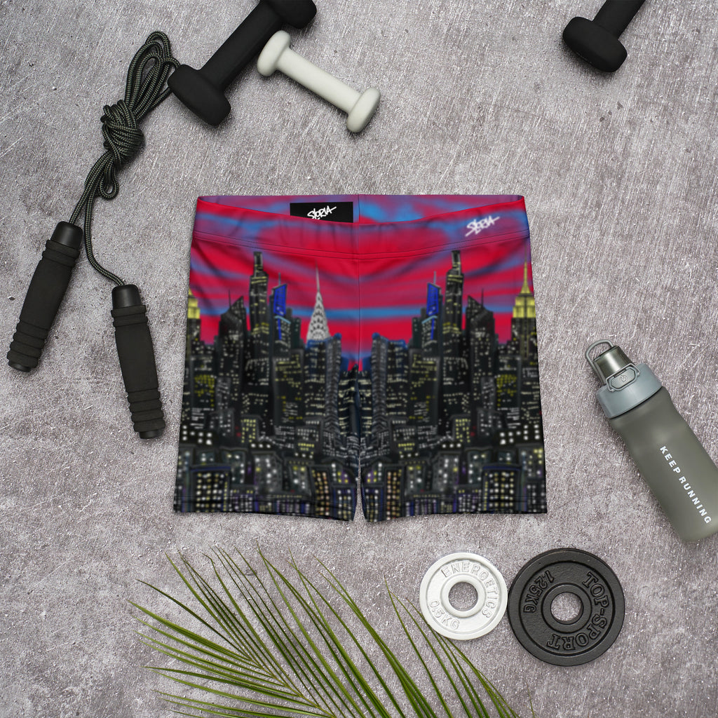 Cityscape design Loria NYC Art shorts with fitness equipment on a gray surface