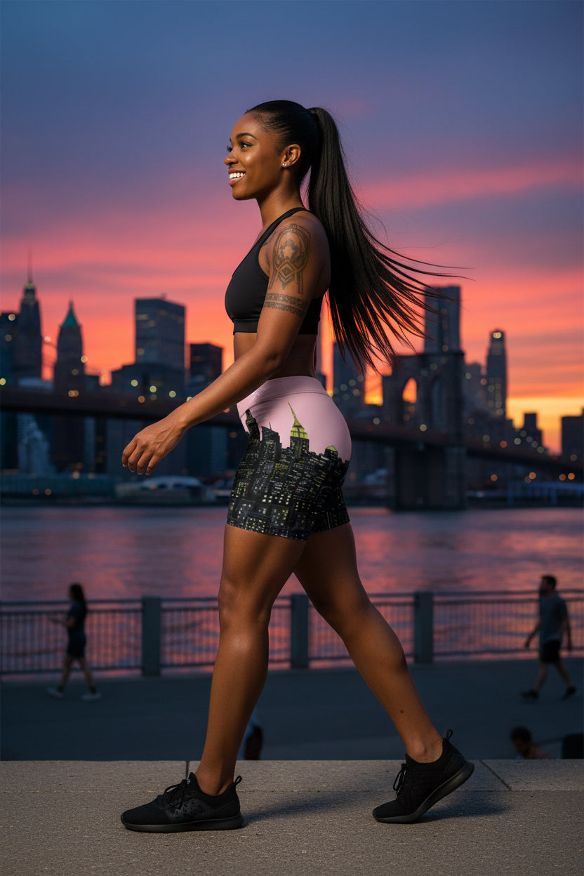 Person wearing a black and pink Loria NYC Art athletic shorts on a urban background