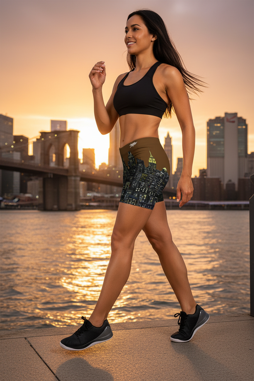 Woman in athletic Loria NYC Art wear walking by a waterfront with city skyline in the background