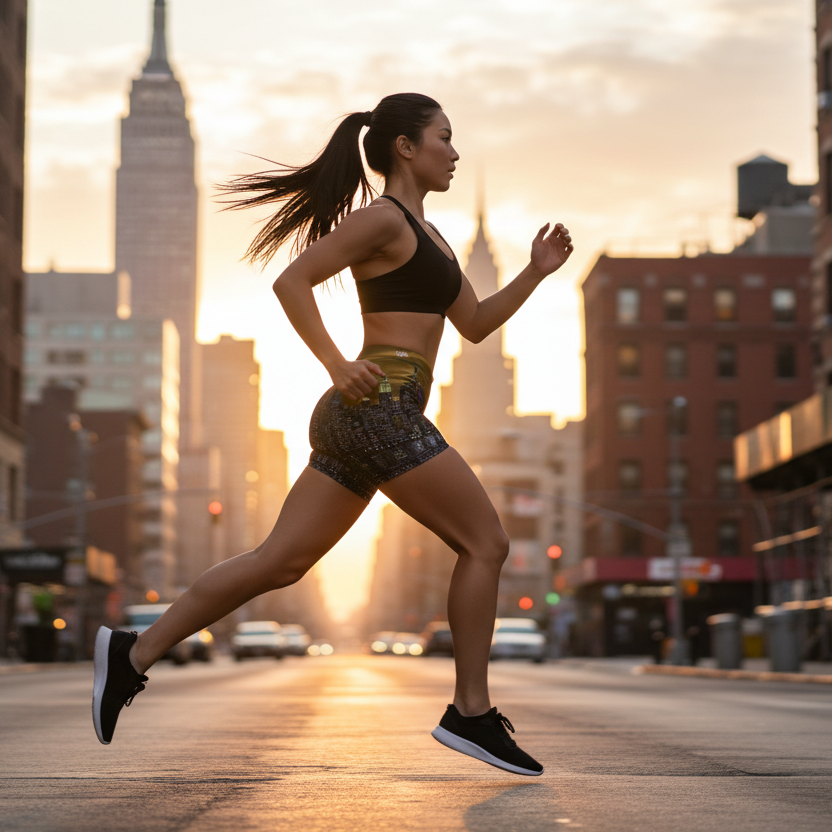 Woman wearing Loria NYC Art shorts running on a city street with tall buildings and sunset in the background