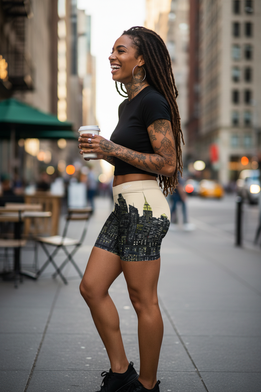 Woman wearing Loria NYC Art shorts holding a coffee cup on a city street