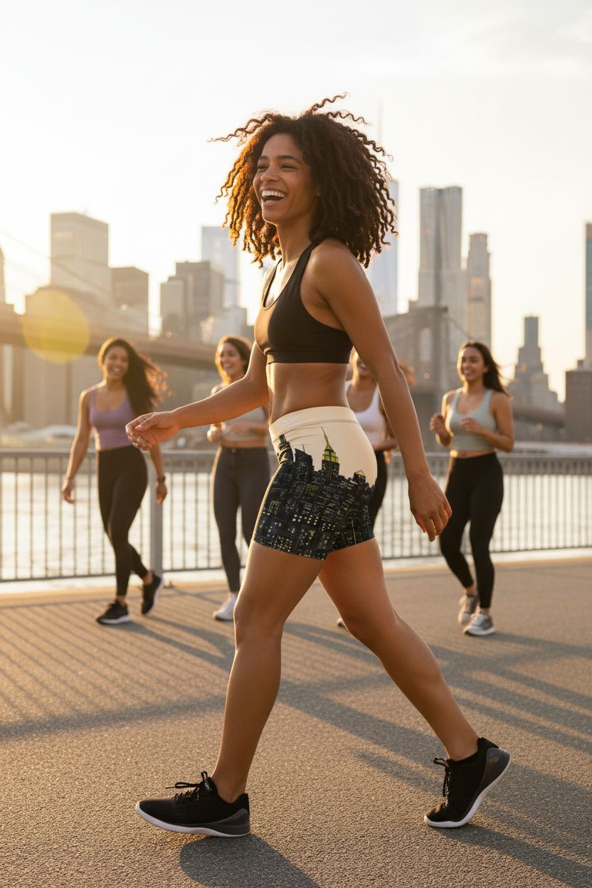 Woman exercising outdoors wearing Loria NYC Art city skyline shorts bridge in the background
