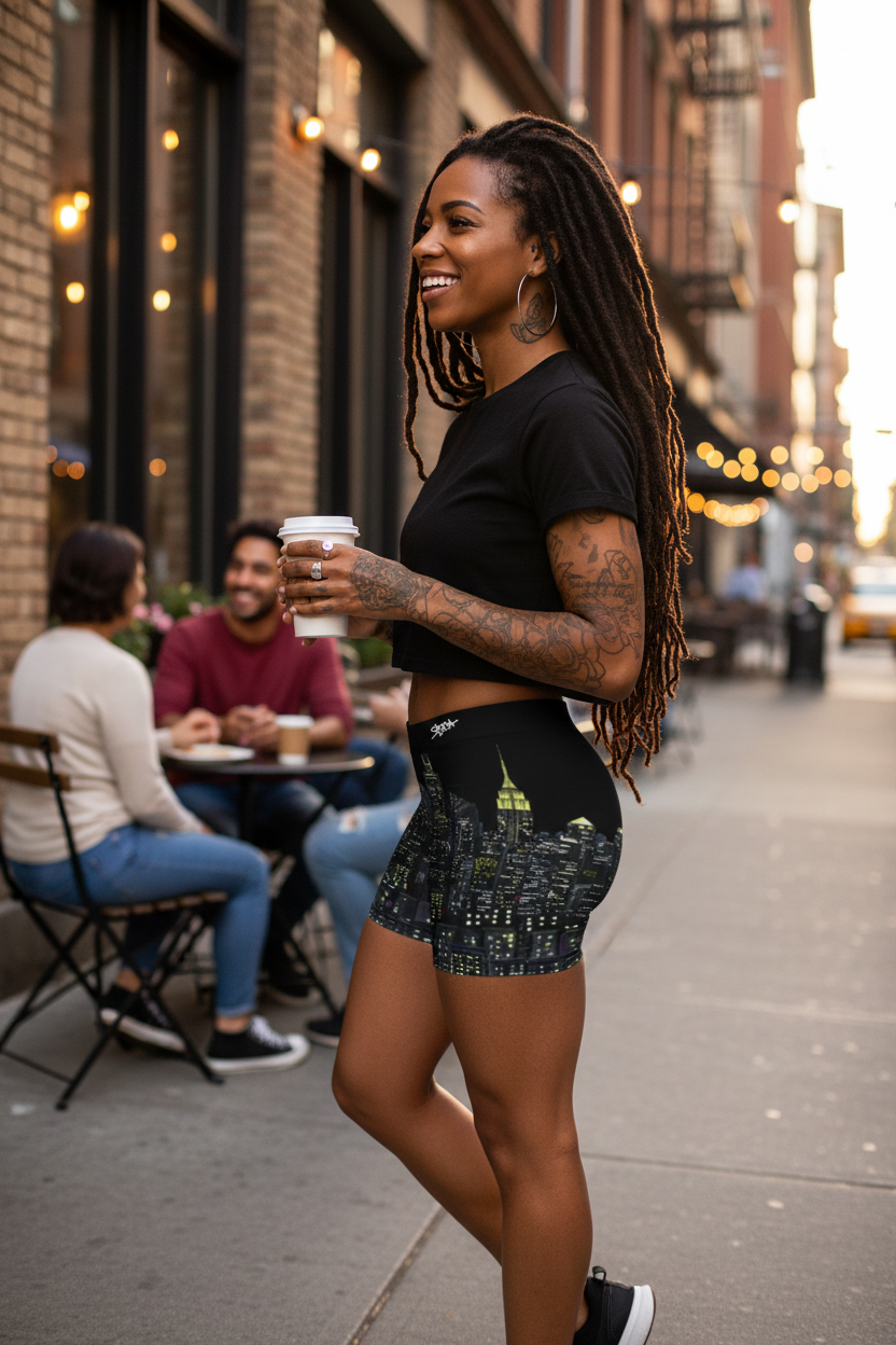 Woman wearing Loria NYC Art shorts on a city street holding a coffee cup, with people sitting at tables in the background.
