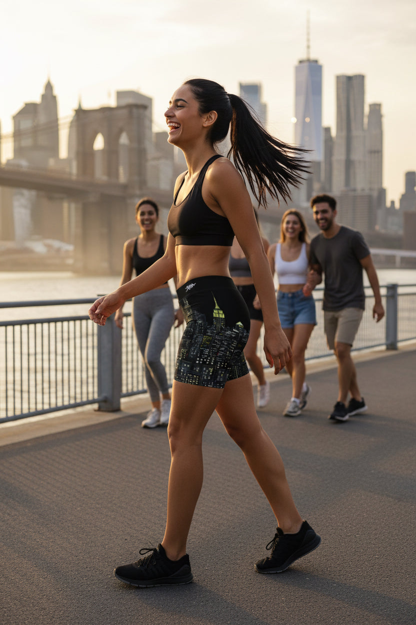 Person wearing black shorts with a cityscape Loria NYC Art design on a white background