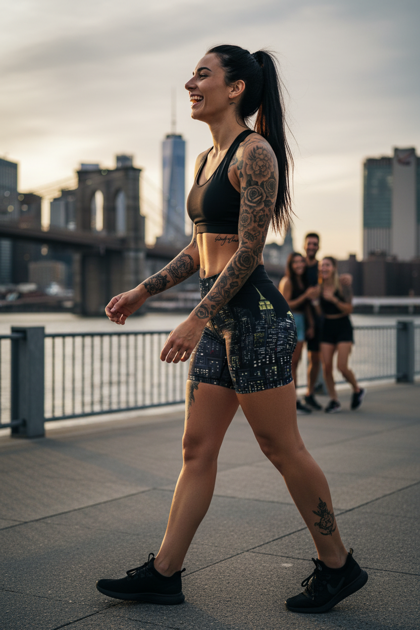 Woman in Loria NYC Art athletic wear walking on a path with city skyline in the background