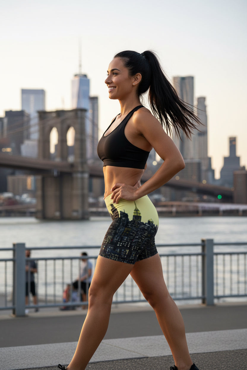 Person wearing shorts with a Loria NYC Art cityscape design on a urban background