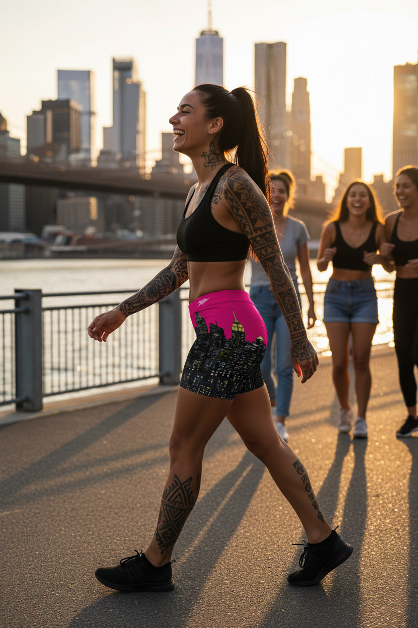 Person wearing pink and black athletic shorts with a cityscape Loria NYC Art design on a urban background
