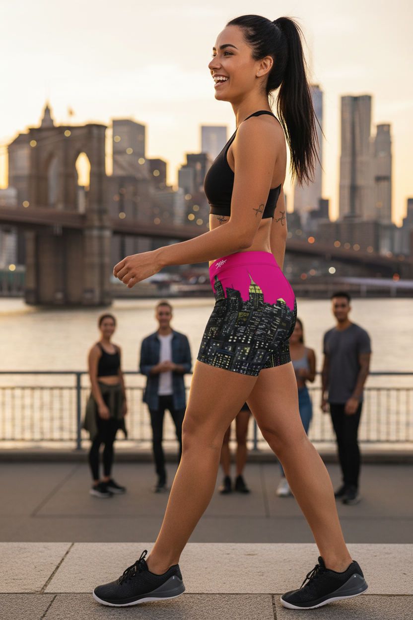 Woman in athletic Loria NYC Art wear walking on a sidewalk with a city skyline in the background