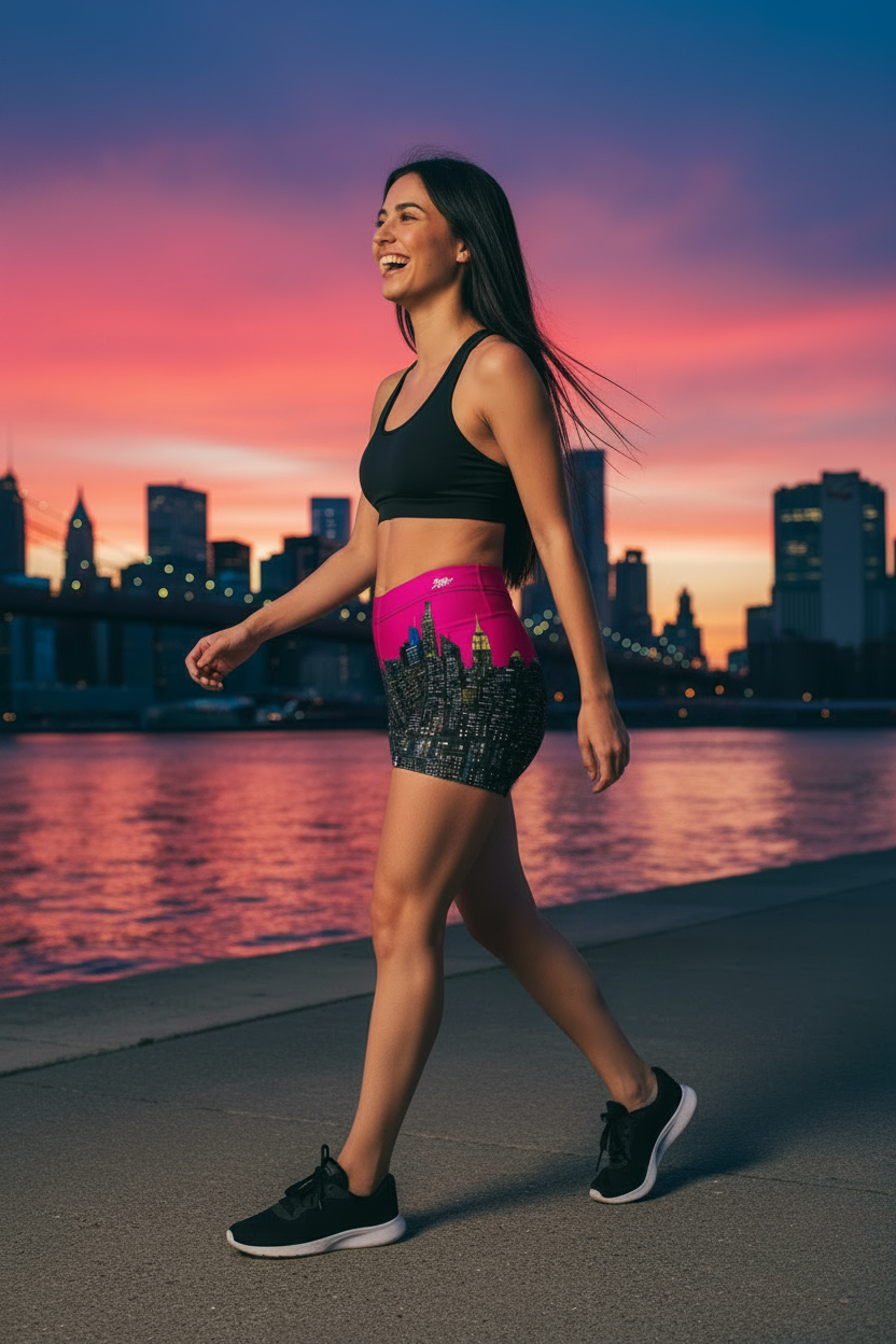 Woman wearing vibrant Loria NYC Art shorts walking by a waterfront with a city skyline at sunset
