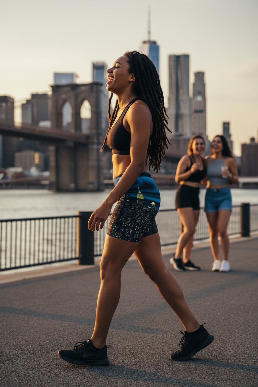 Person wearing shorts with a Loria NYC Art cityscape design on a urban background