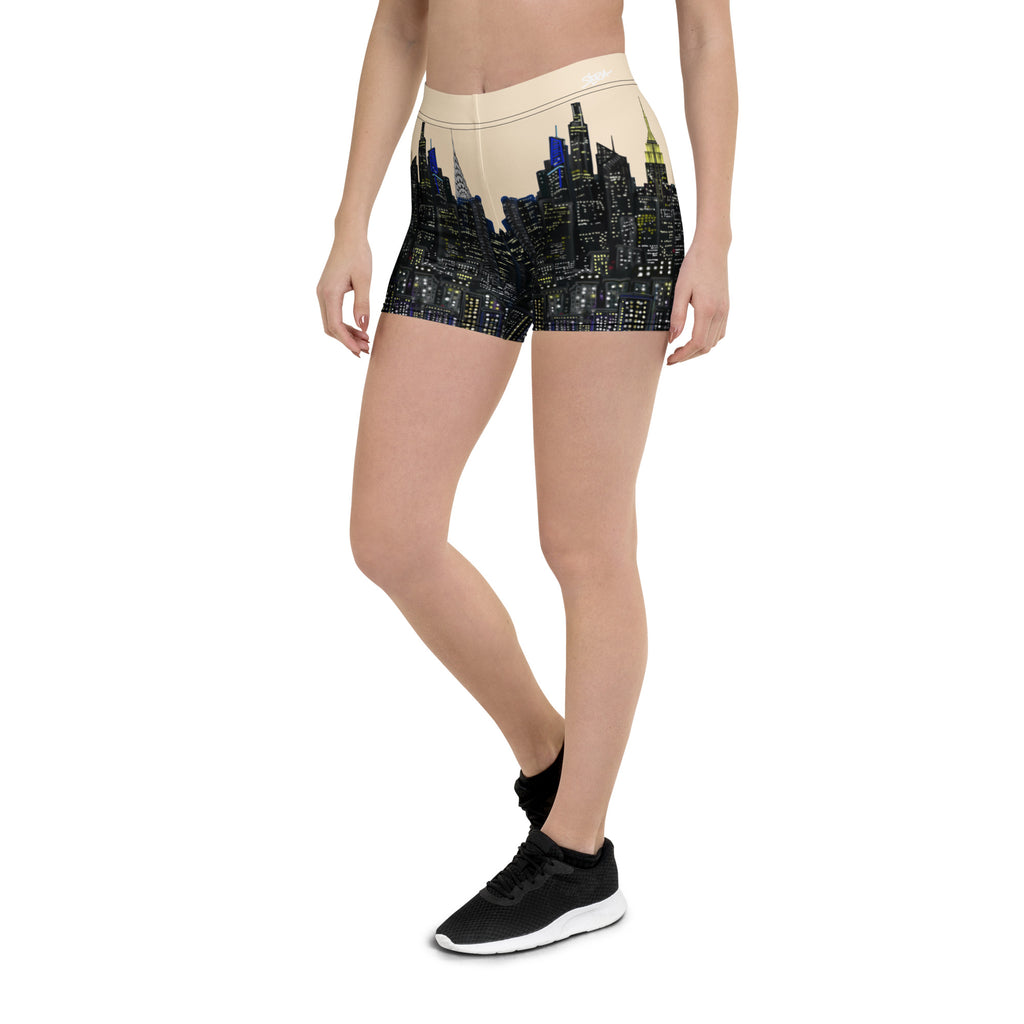 Person wearing shorts with a S.Loria NYC art design on a white background