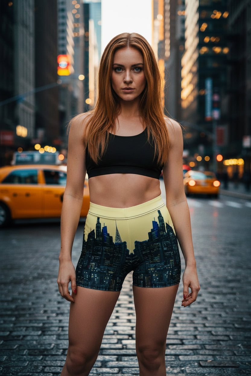 Person wearing black and yellow Loria NYC Art  shorts on a white background