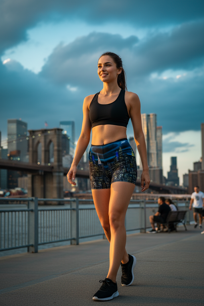 Woman in athletic Loria NYC Art wear walking on a path with a city skyline in the background