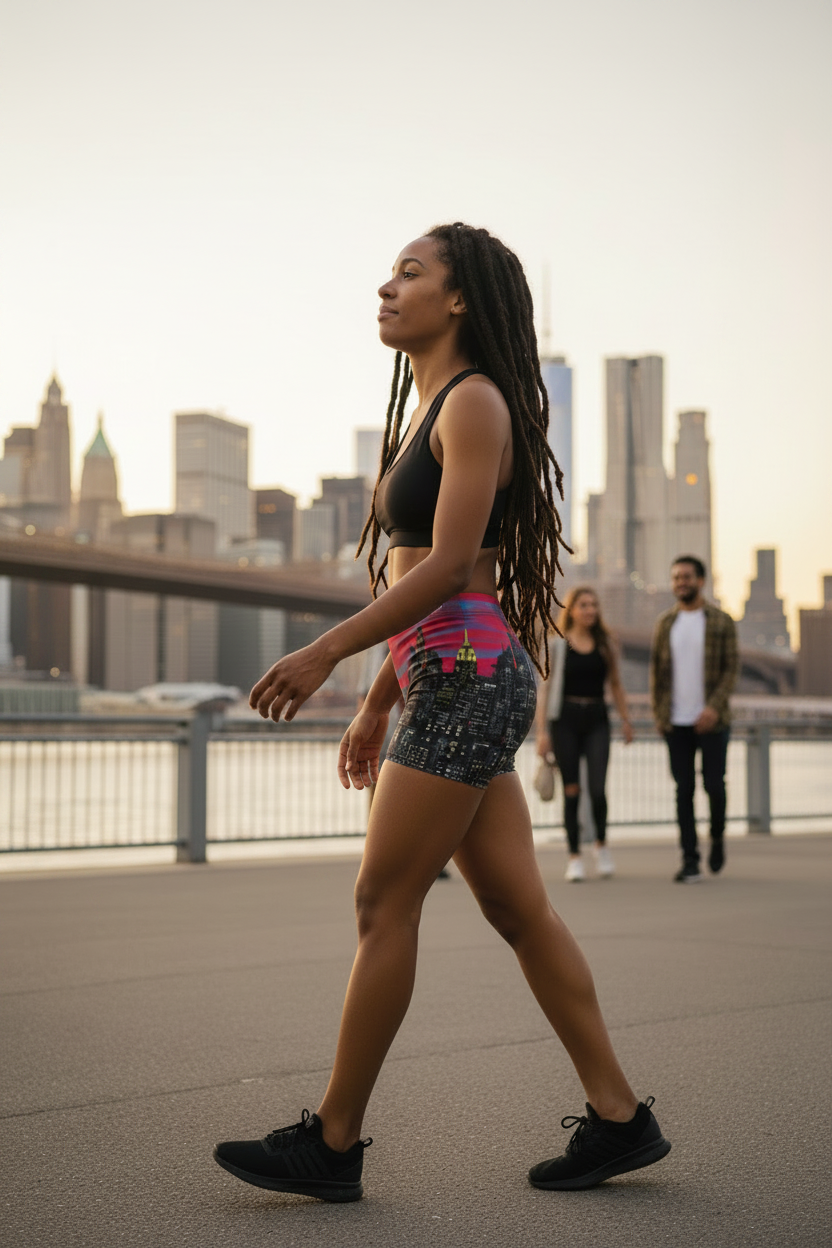Woman wearing Loria NYC Art shorts walking outdoors with a city skyline in the background