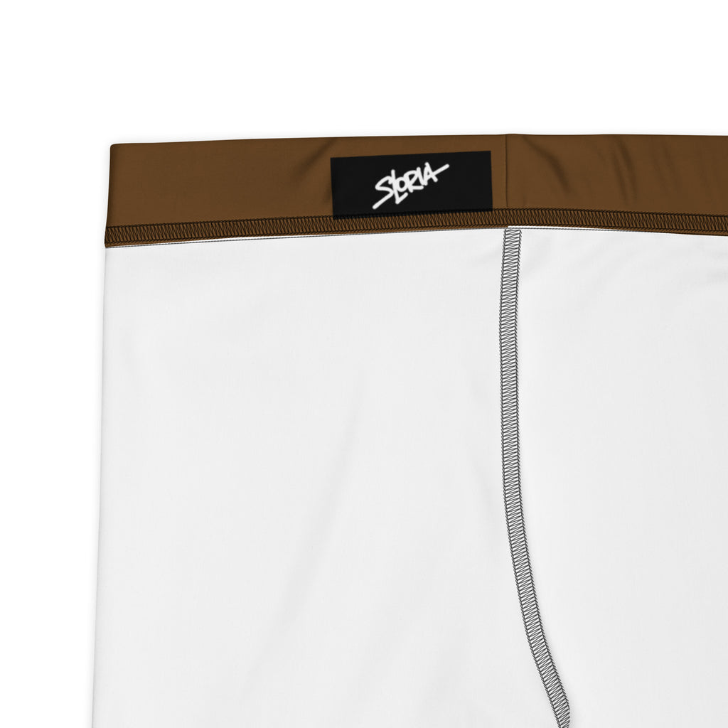 White boxer briefs with brown waistband and 'Loria NYC Art' logo on a white background