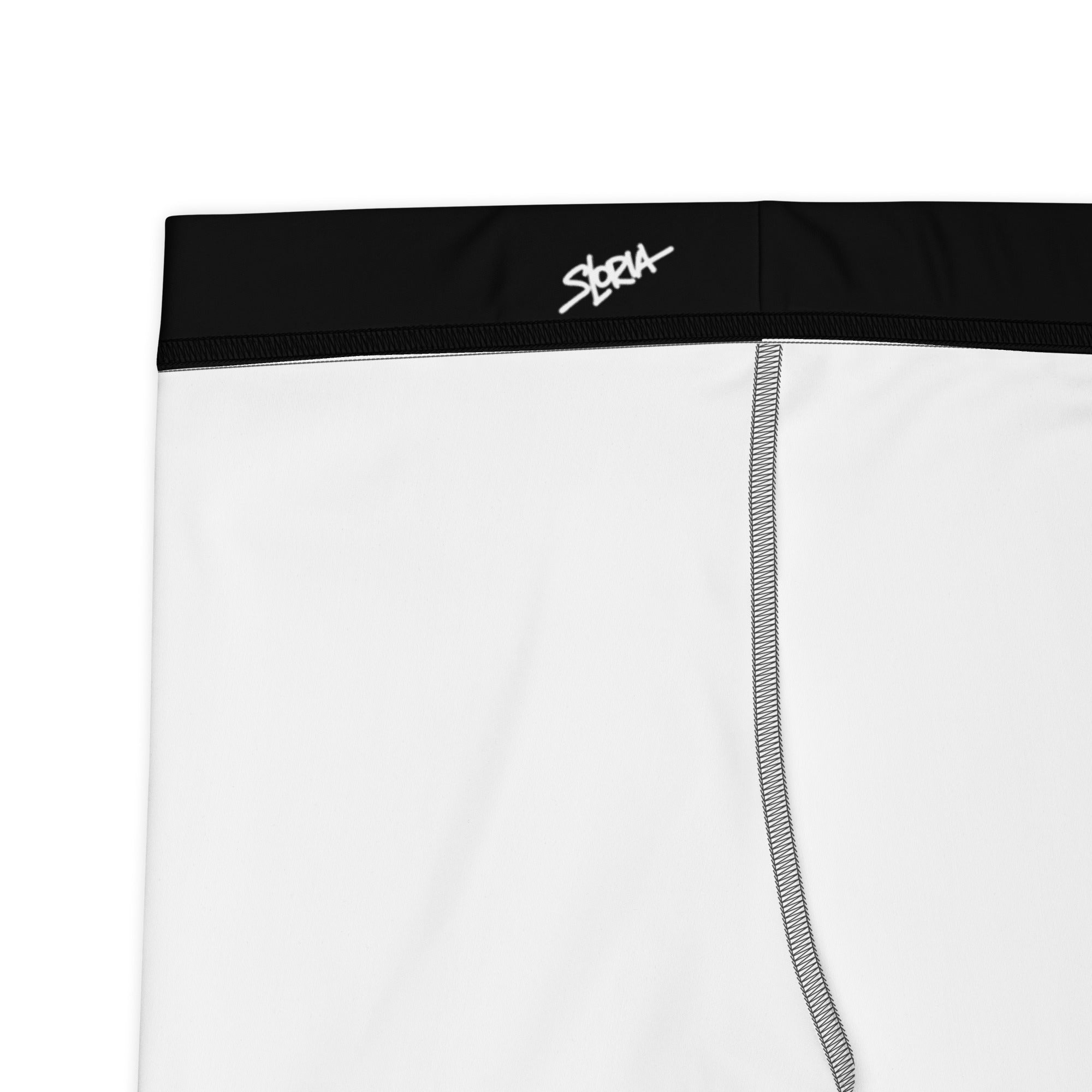 White athletic Loria NYC Art shorts with black waistband and 'SLoria' branding on a white background