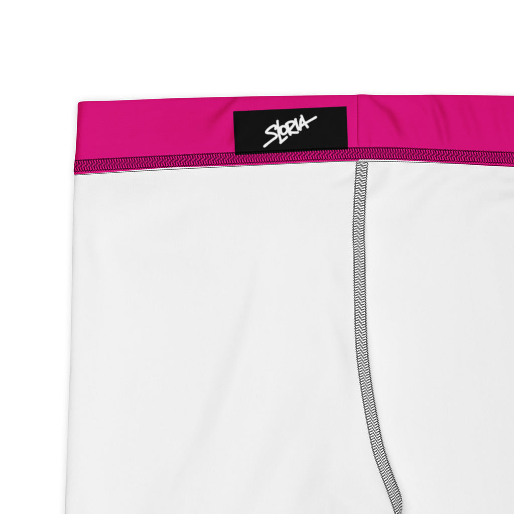 White athletic shorts with a pink waistband and black Loria NYC Art brand logo on a white background