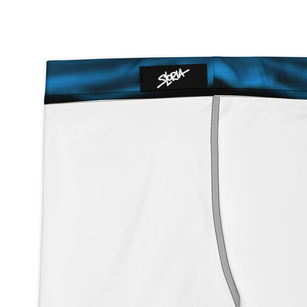 White athletic shorts with blue waistband and Loria NYC Art brand logo on a white background