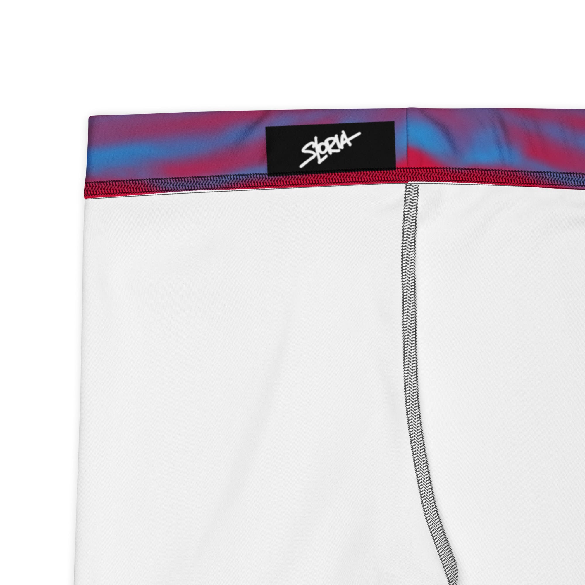 White athletic Loria NYC Art shorts with a colorful waistband and brand logo on a white background