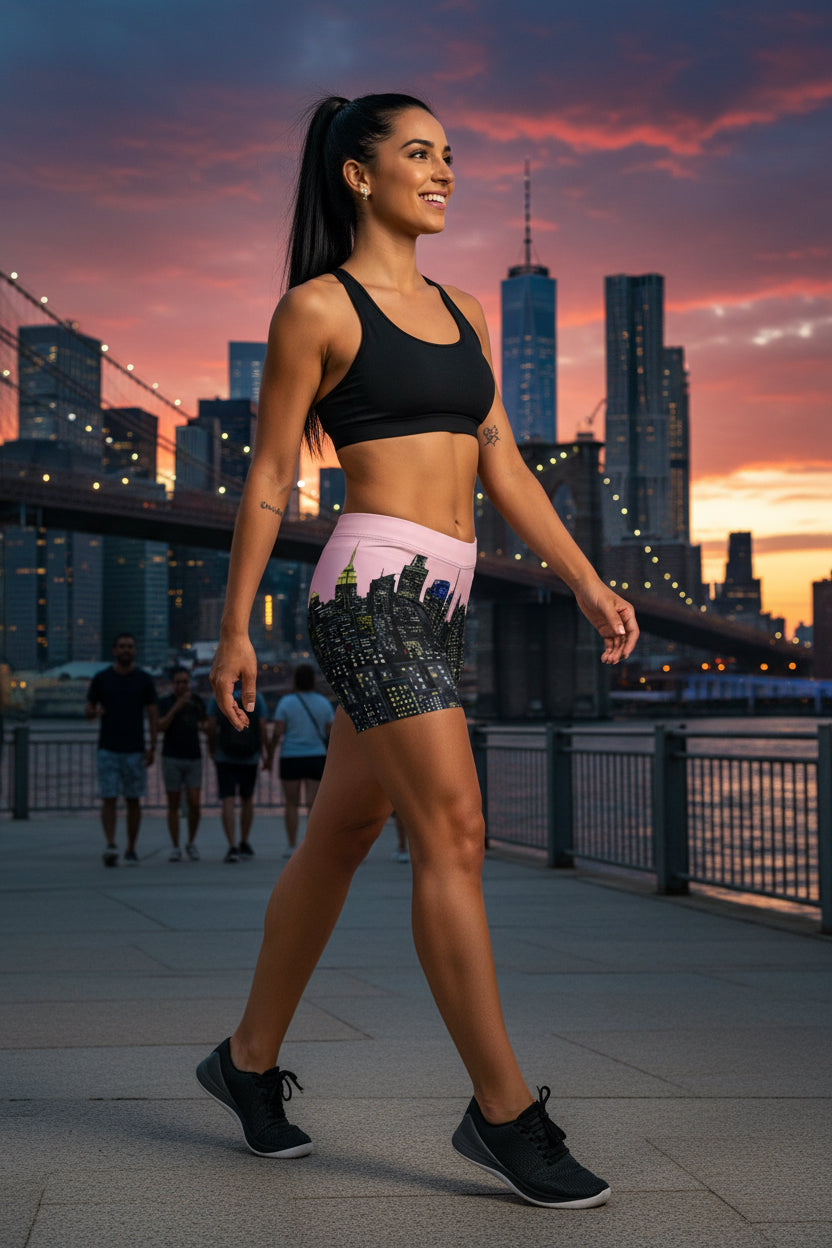 Person wearing a black and pink Loria NYC Art athletic outfit on a urban background