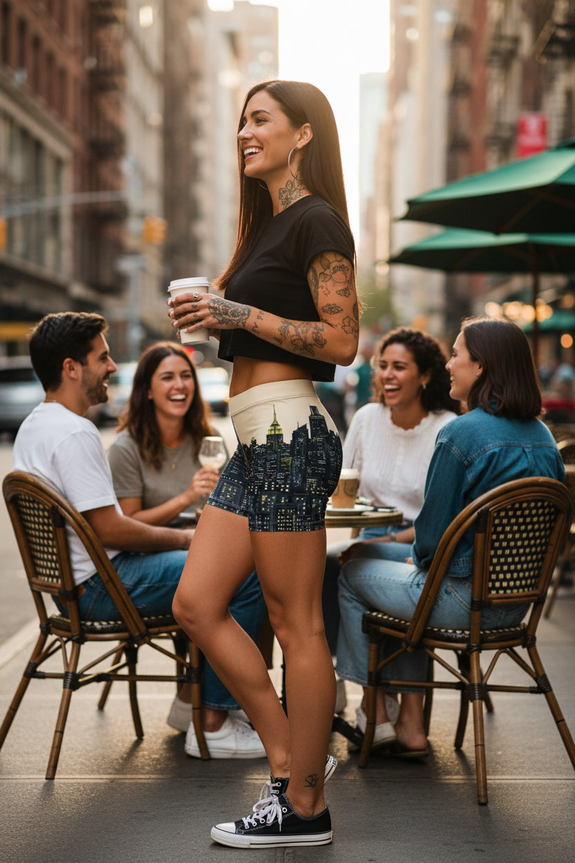 Person wearing a pair of Città Papaya beige shorts with a S.Loria NYC design on a urban background