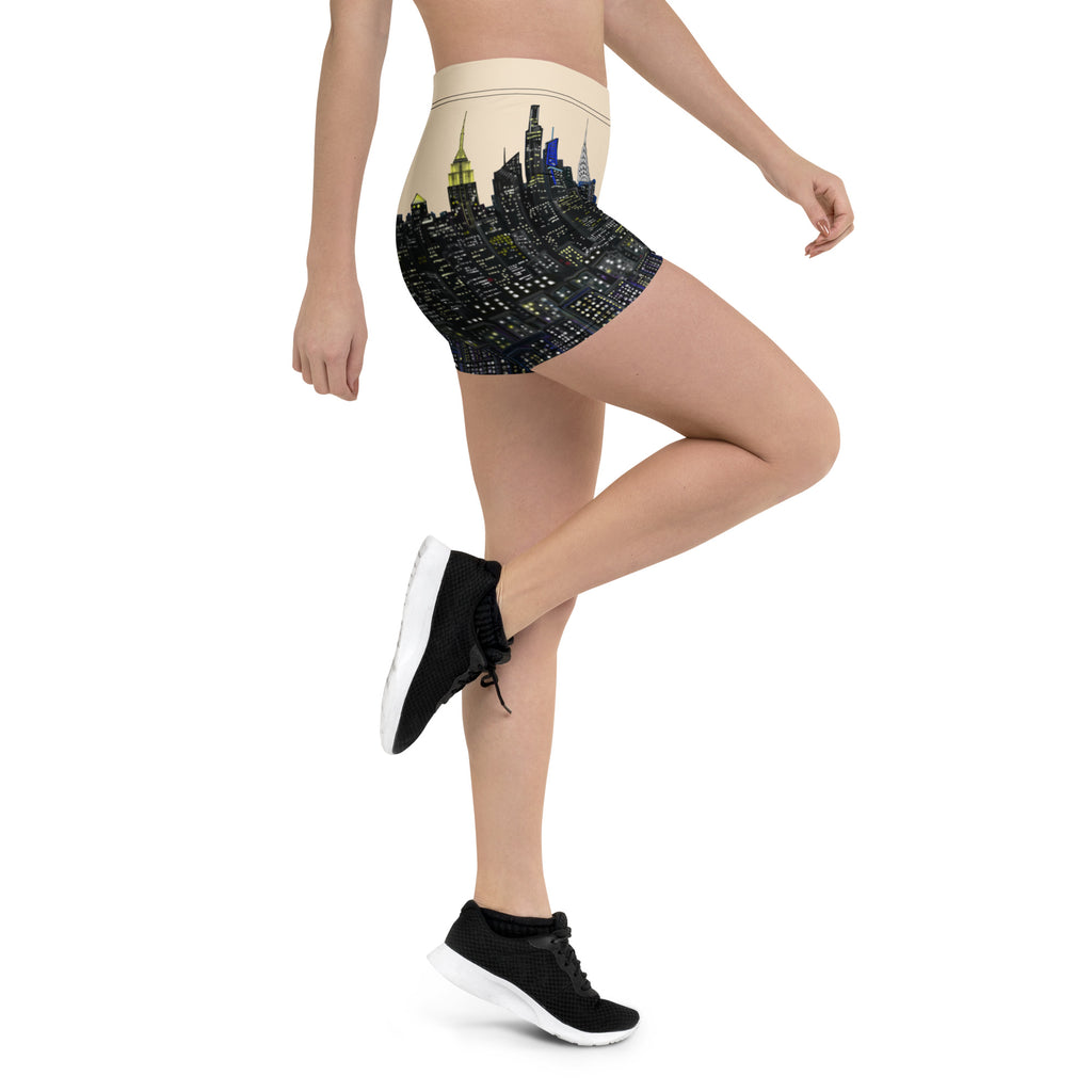 Person wearing high-waisted yoga shorts with a S.Loria NYC design on a white background