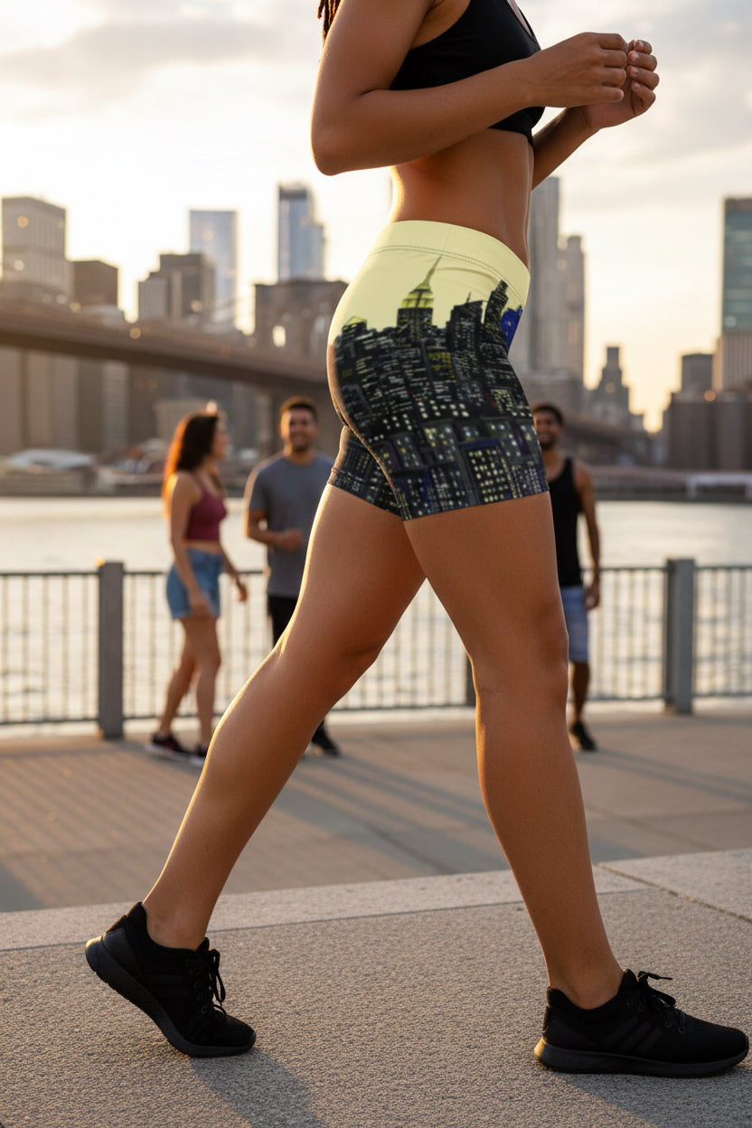 Person wearing a pair of shorts with a cityscape design on a white background