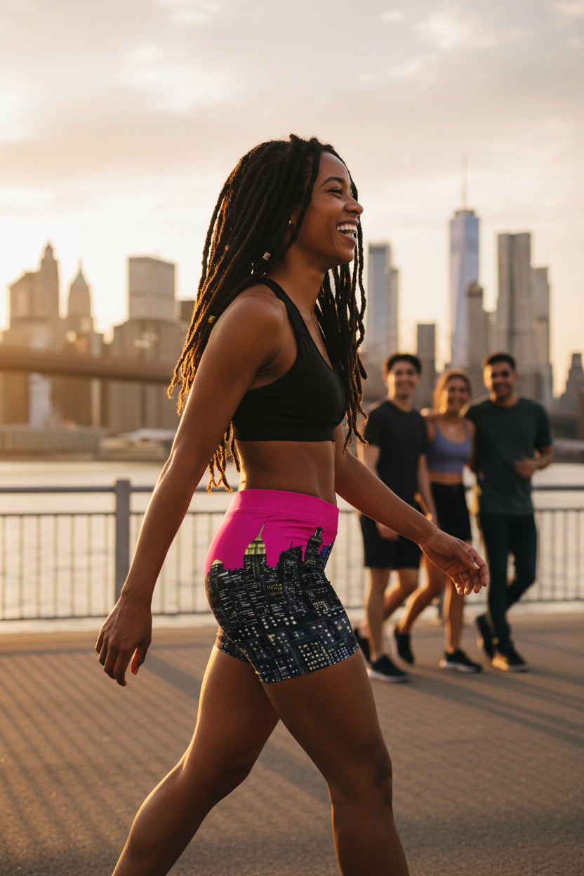 Person wearing a pair of shorts with a cityscape Loria NYC Art design on a white background