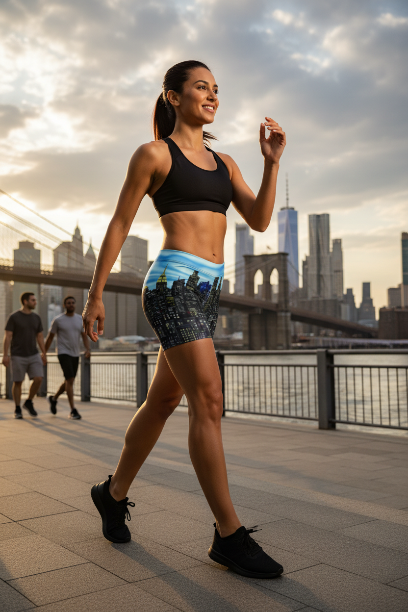 Woman in athletic Loria NYC Art wear walking on a path with a city skyline in the background