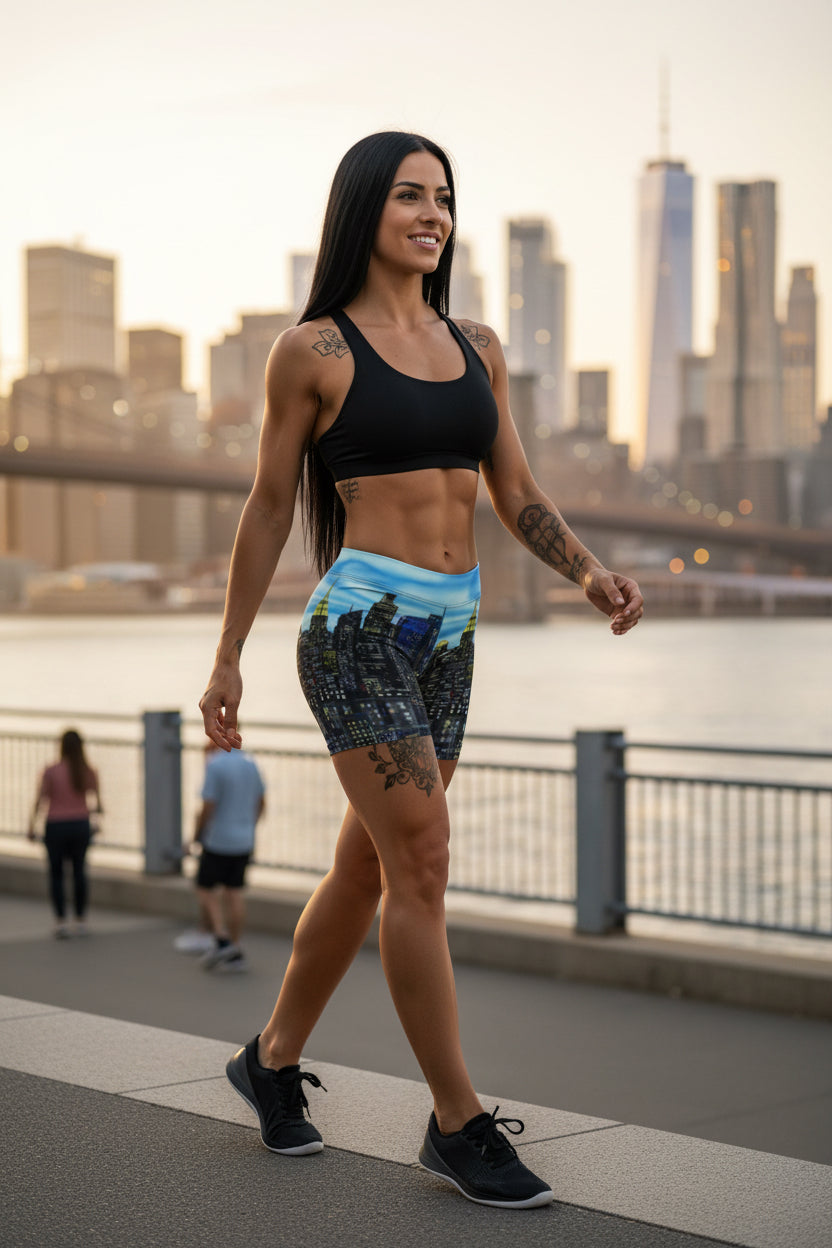 Person wearing shorts with a Loria NYC Art cityscape design on a urban background