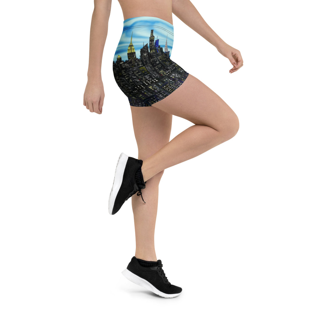Person wearing a high-waisted shorts with a cityscape Loria NYC Art design on a white background