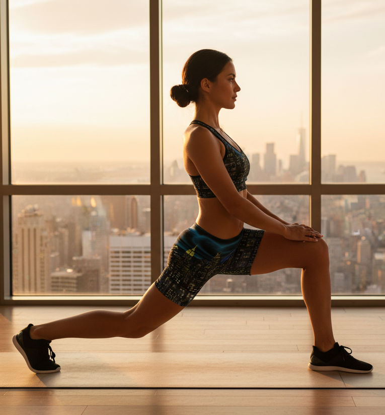 Woman exercising on a mat in front of large windows wearing Loria NYC Art cityscape shorts