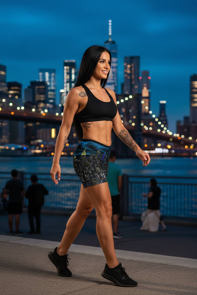 Woman wearing blue Loria NYC Art shorts on a path with a city skyline in the background