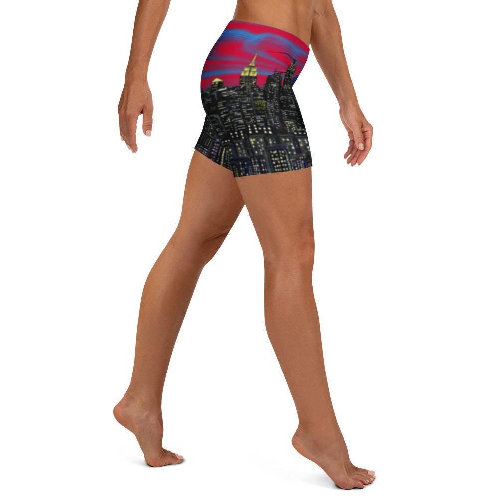Shorts with a cityscape Loria NYC Art design on a white background