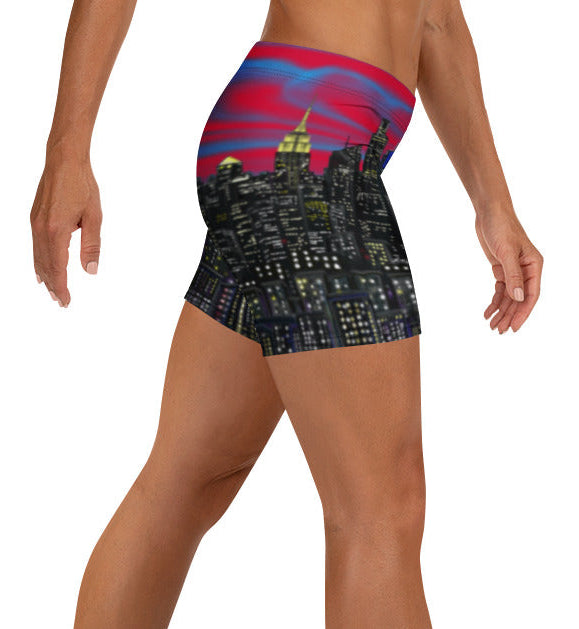 Shorts with a cityscape Loria NYC Art design on a white background