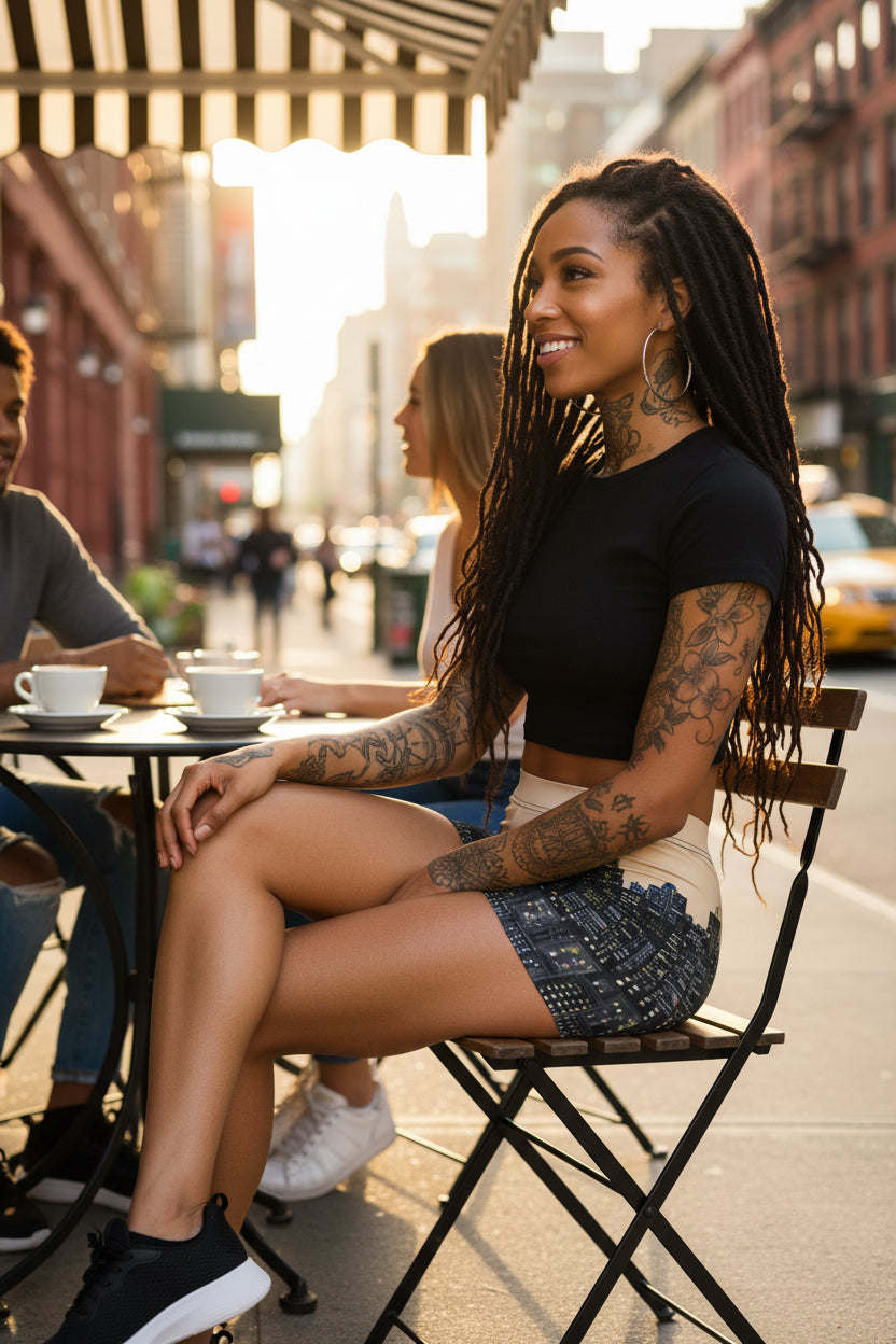 Person wearing shorts with a Loria NYC Art cityscape design on a white background