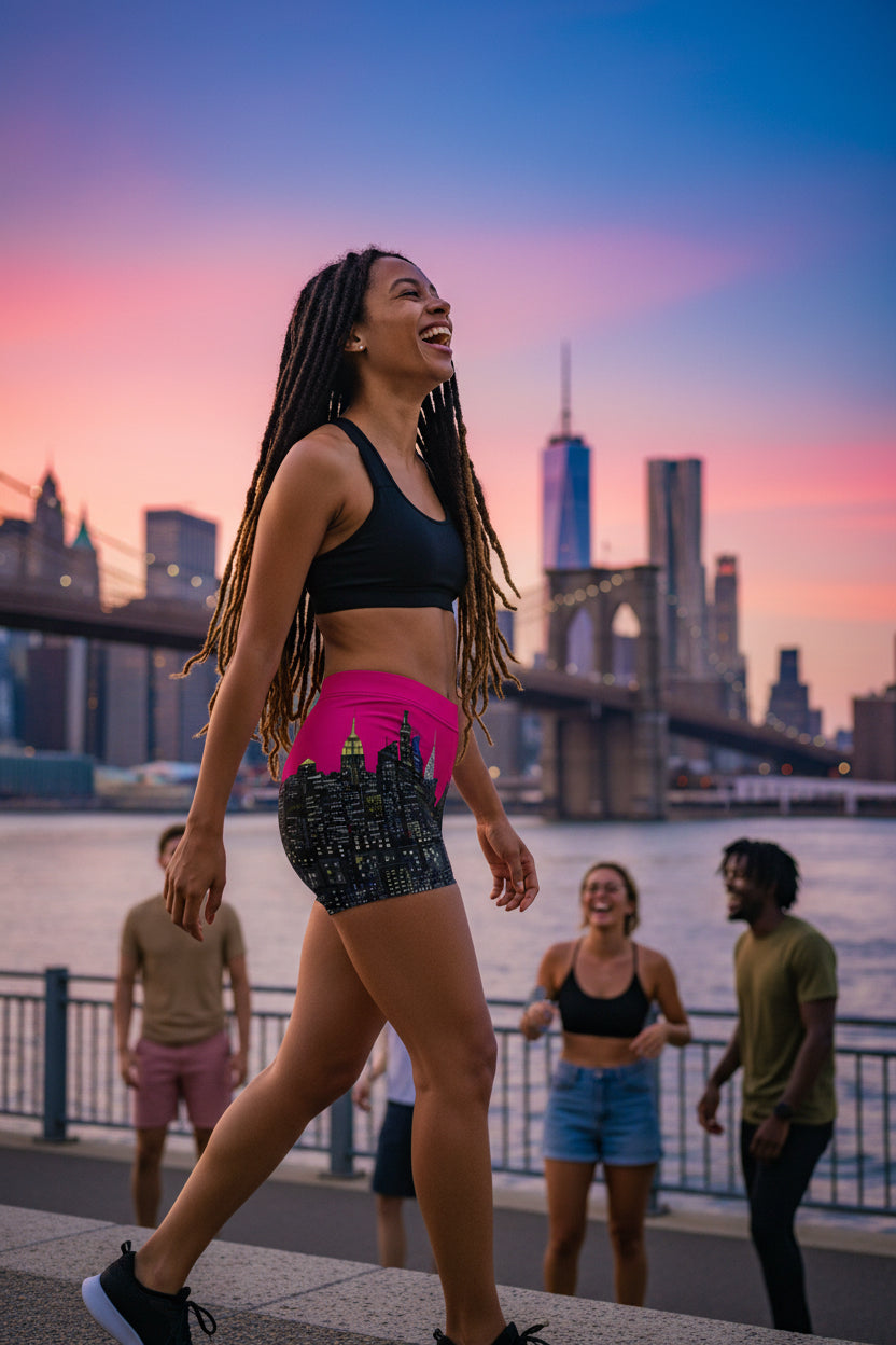 Person wearing black shorts with a cityscape Loria NYC Art design on a white background